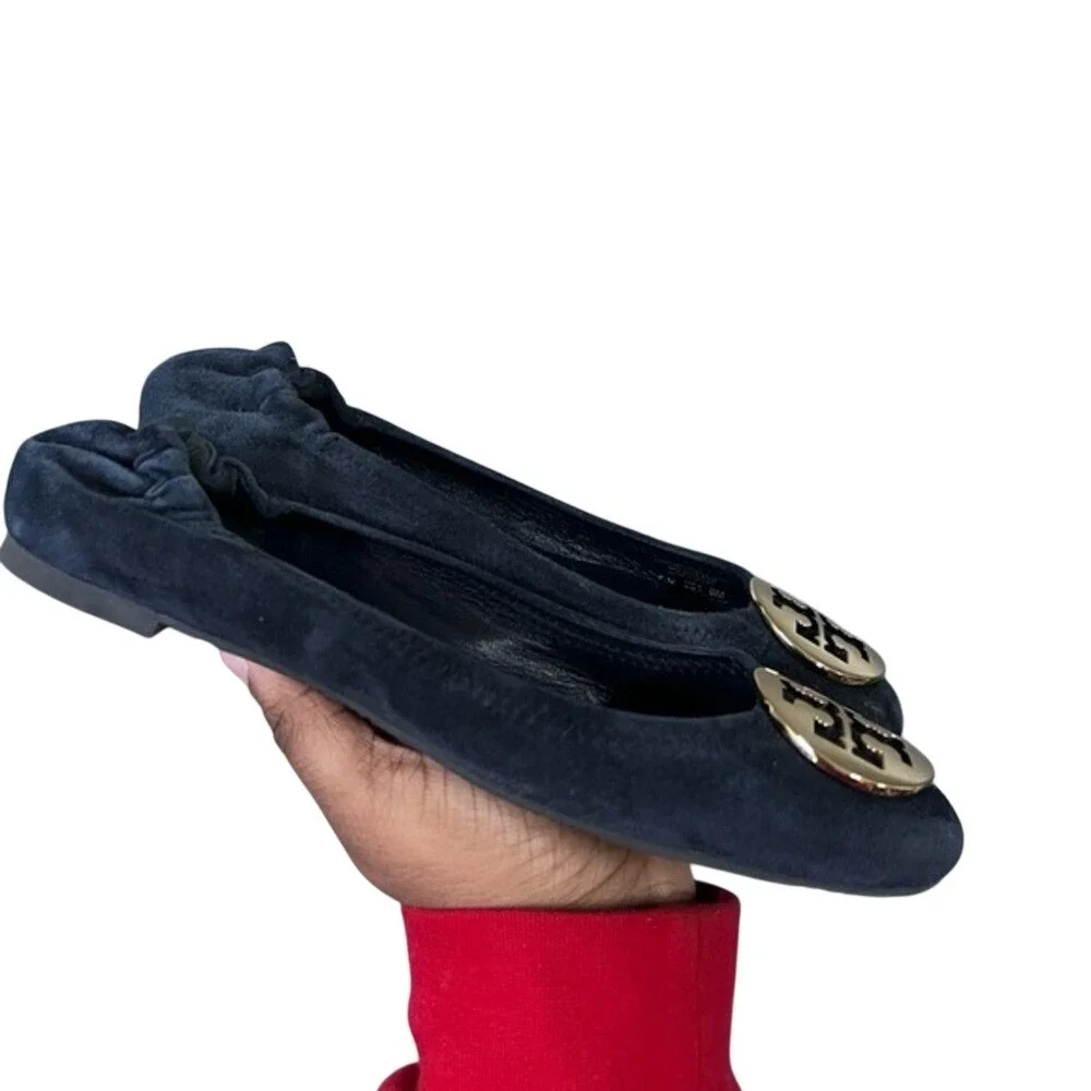 Tory Burch Navy Blue Suede Ballet Flats Gold Logo Size 8M